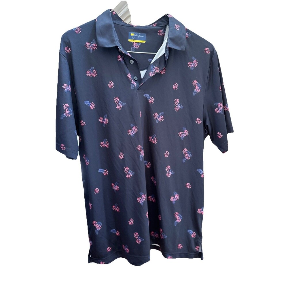 Jack Nicklaus Mens Large Navy Blue Pink Floral Palm Leaf Golf Polo Shirt